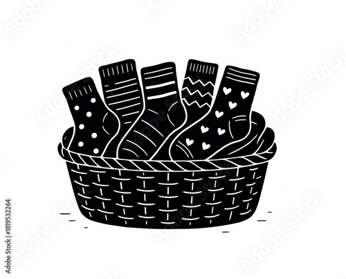 Basket of folded socks black silhouette with pattern and cloth line details cozy laundry scene