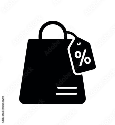 Shopping bag with discount tag black silhouette with handle and price line accents flat seasonal sale vector