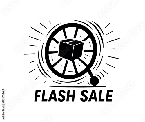 Cartwheel spinning with box inside black silhouette with rotation and product line accents sale vibe