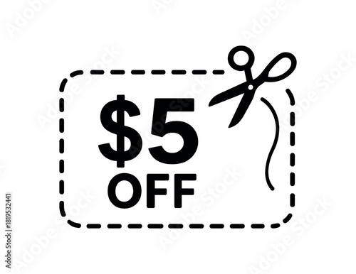 Coupon cutout with dotted border black silhouette with scissor and curve line accents flat discount element