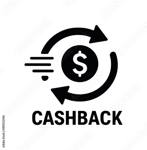 Cashback icon with arrows black silhouette with currency and motion line accents financial incentive element