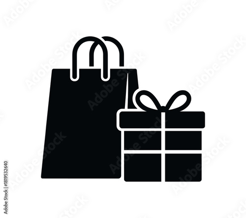 Paper shopping bag beside gift box black silhouette with handles and ribbon line accents flat retail combo