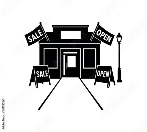 Store entryway with flags and signs black silhouette with path and pole lines flat promotional exterior