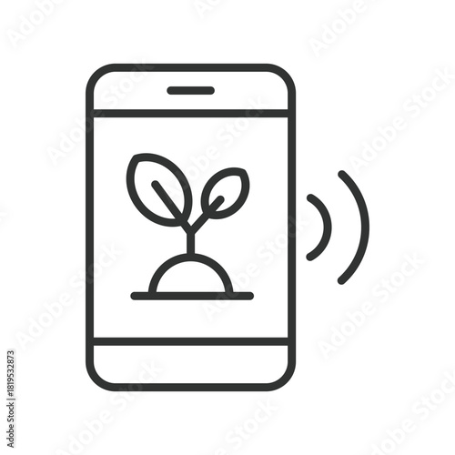 Smart farm smartphone icon in line design. smart farm, plant sensor, mobile agriculture, growth monitoring, eco tech, smartphone farming, plant tracking, green technology on white background vector.