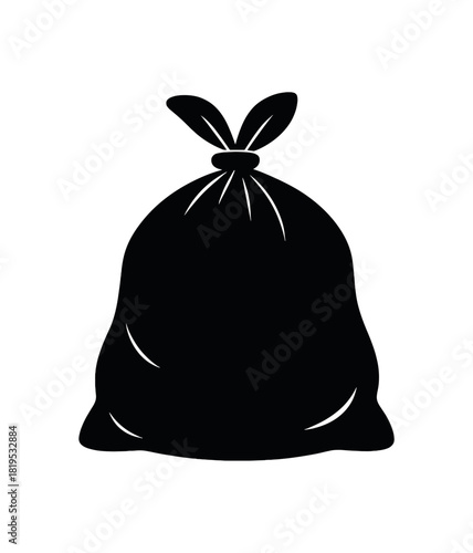 Trash bag tied at top black silhouette with curve and knot line details waste disposal vector