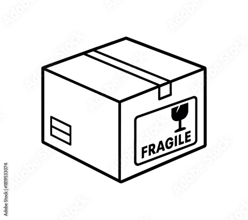 Closed cardboard box with fragile sticker black silhouette with edge and label line accents flat shipping item