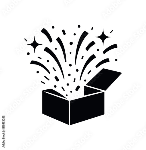 Package opened with confetti burst black silhouette with flap and spark line accents gift box experience