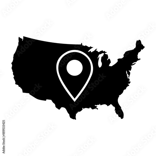 Nature and Environment Vector Black silhouette of the united states of america map with a white location pin in the center area
