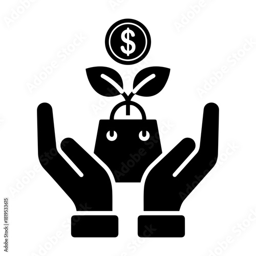 Nature and Environment Vector Illustration of two hands holding a shopping bag with a plant growing out of it and a coin above it
