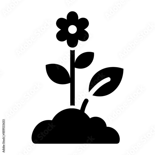 Nature and Environment Vector Black silhouette of a flower growing out of a mound of dirt with two leaves on the stem and petals on top