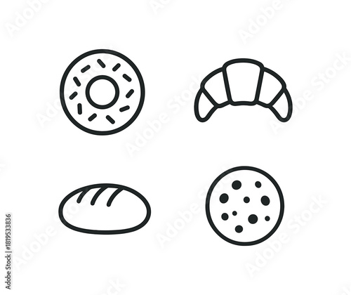 4 minimal black outline icons donut croissant bread loaf cookie bakery outline style