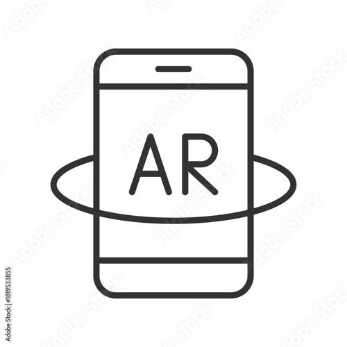 Augmented reality smartphone icon in line design. augmented reality, AR, digital overlay, smartphone AR view, virtual elements, mobile simulation, interactive display, technology on white background