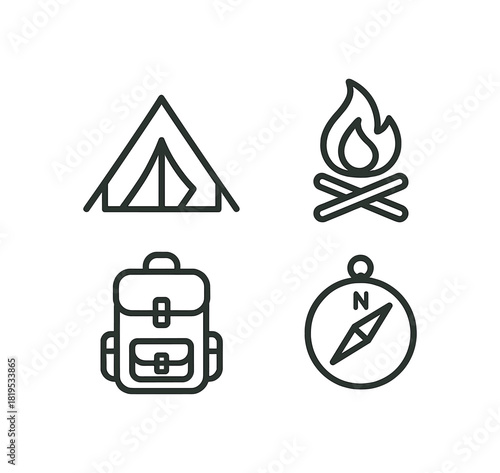 4 minimal black outline icons tent campfire backpack compass clean outline camping theme