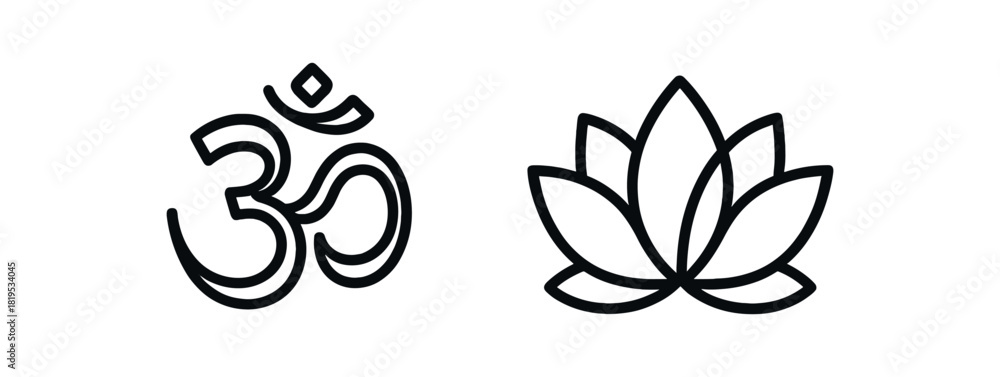 Fototapeta premium 2 minimal black outline icons Om symbol lotus flower clean contour no fill