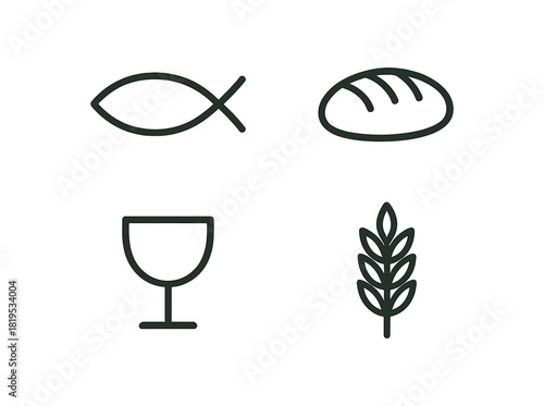 4 minimal black outline icons fish symbol bread loaf cup wheat branch minimal Christian set