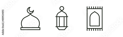 minimal black outline icons mosque dome lantern prayer rug thin contour isolated