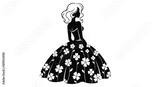 Elegant silhouette of woman in black dress with white floral patterns and flowing hair