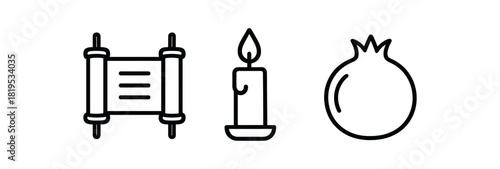 minimal black outline icons Torah scroll candle pomegranate clean outline