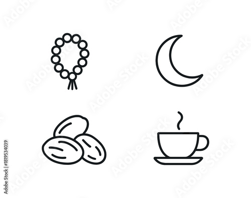 4 minimal black outline icons tasbih beads crescent dates tea cup minimal Ramadan set