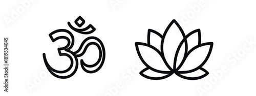 2 minimal black outline icons Om symbol lotus flower clean contour no fill
