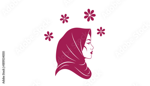 Stylized profile of woman in hijab with floral accents in maroon on white background