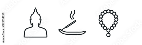 minimal black outline icons Buddha silhouette incense burner prayer beads clean outline style