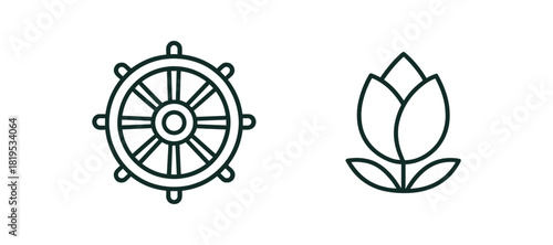 2 minimal black outline icons Buddhist wheel lotus bud thin line isolated