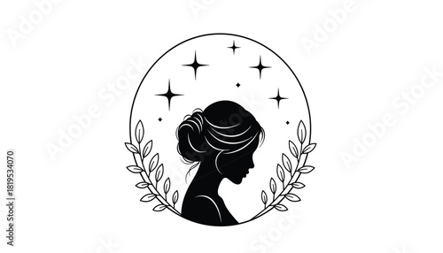 Artistic profile of woman in bun surrounded by stars and leaves in monochrome design