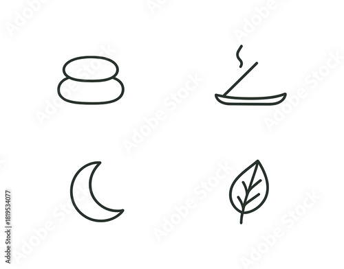 4 minimal black outline icons meditation cushion incense holder moon leaf minimal Zen theme