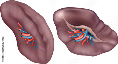 Spleen Anatomy in Two Different Views with Vascular Hilum. Spleen Organ Structure with Arteries and Veins