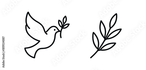 2 minimal black outline icons dove olive branch minimal contour