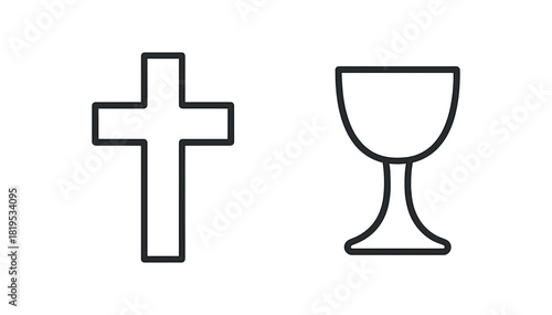 2 minimal black outline icons cross outline chalice thin line religious set