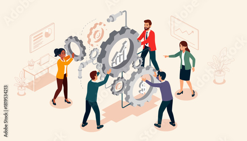 Team of individuals working together to assemble a complex gear mechanism.