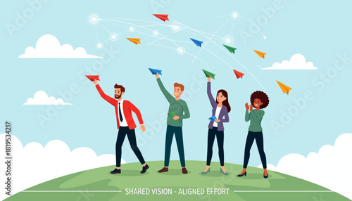 Diverse group of people launching paper airplanes towards a bright sky, symbolizing teamwork.