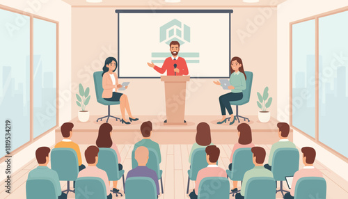 A presenter speaks at a podium during a conference while two colleagues observe.