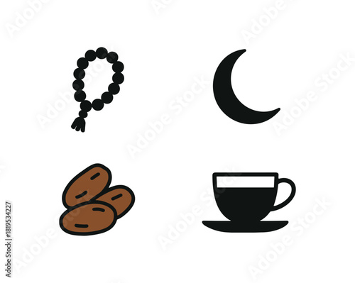 4 minimal icons tasbih beads black crescent black dates colored brown tea cup black