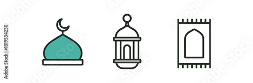 minimal icons mosque dome colored turquoise lantern black prayer rug black thin contour