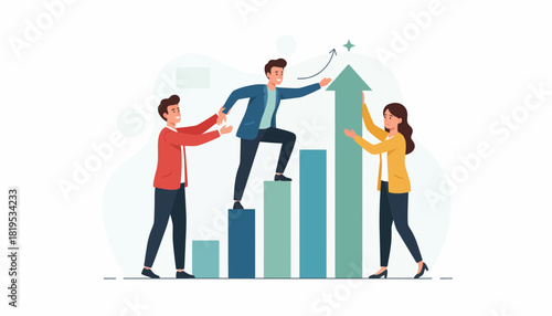 Teamwork helps a man climb a bar graph, assisted by colleagues, towards growth and success.