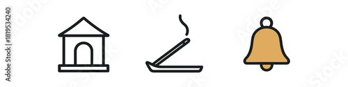 minimal icons temple outline black incense stick black bell colored gold thin spiritual icons
