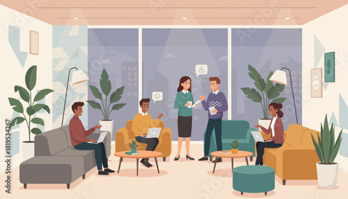 People in a modern office lounge area, chatting and working with laptops.