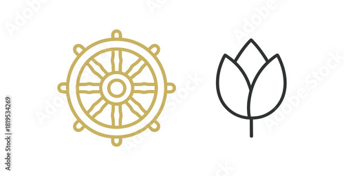 2 minimal icons Buddhist wheel colored gold lotus bud black thin line
