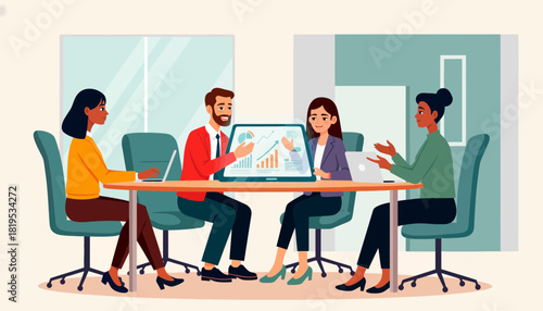 A diverse team of colleagues collaborating during a business meeting, analyzing data.