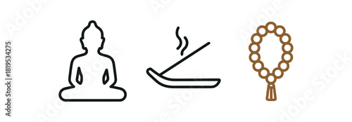 minimal icons Buddha silhouette black incense burner black prayer beads colored brown outline style