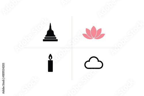 4 minimal icons stupa black lotus colored pink candle black cloud symbol black