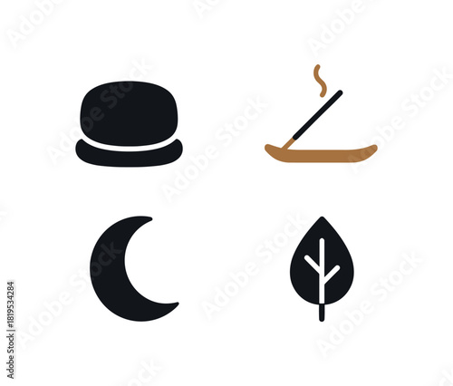 4 minimal icons meditation cushion black incense holder colored warm brown moon black leaf black