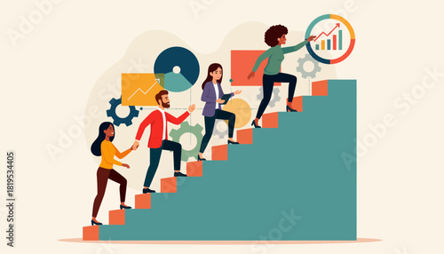Team of diverse people climbing stairs towards success, with charts and gears representing progress.
