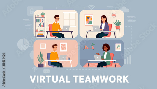 Four individuals are depicted working remotely on laptops, connected through virtual teamwork.
