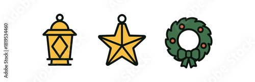 minimal icons lantern colored ornament colored gold wreath colored green