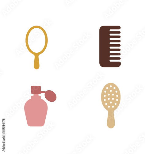 4 minimal icons mirror colored gold comb colored brown perfume bottle colored pink hairbrush colored beige