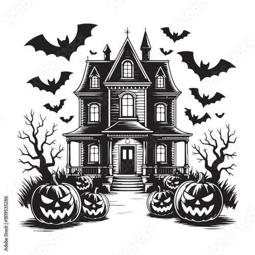 Haunted House with Pumpkins and Bats Keywords: haunted house, spooky, halloween, pumpkins